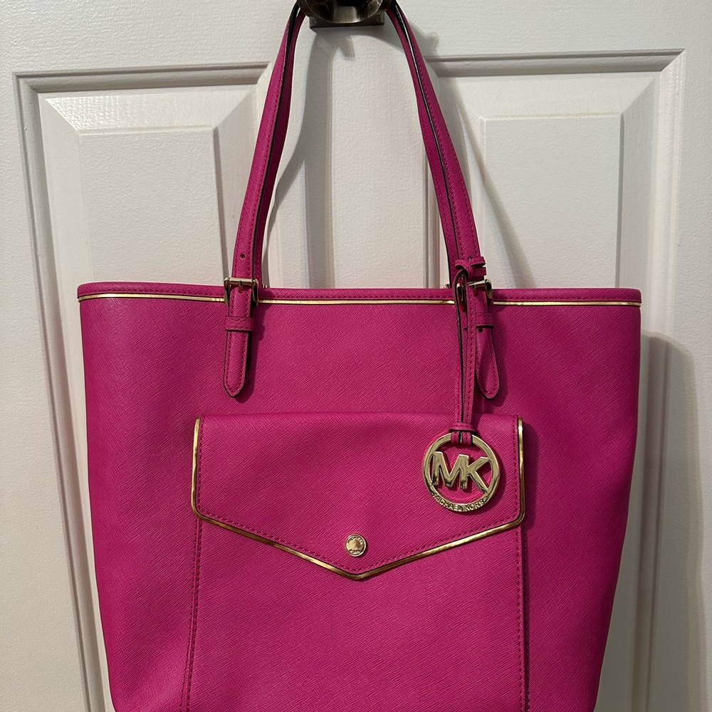 Michael Kors Pink Structured Tote Bag with Gold Hardware